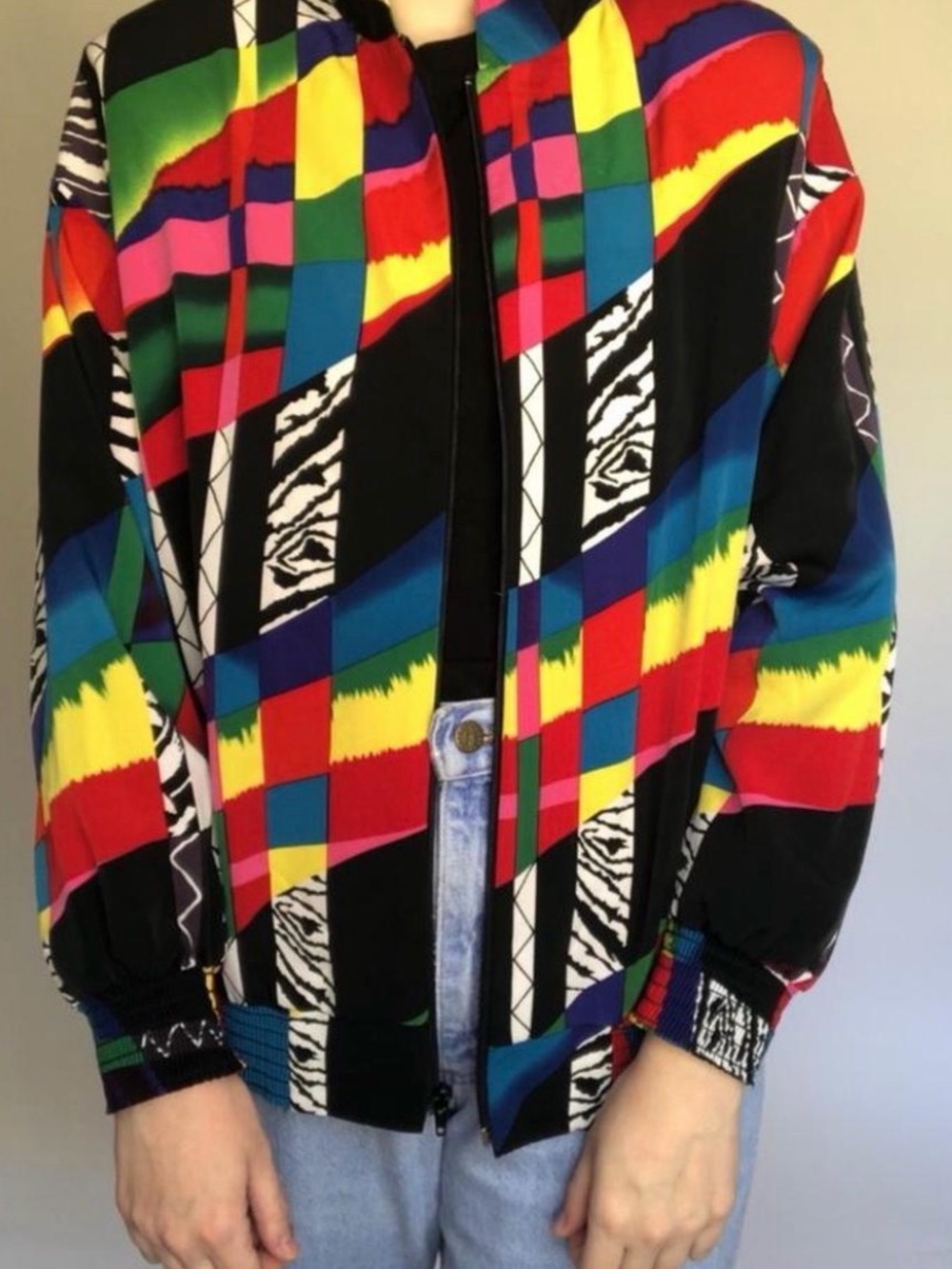 Multicolor Geometric Print Bomber Jacket -